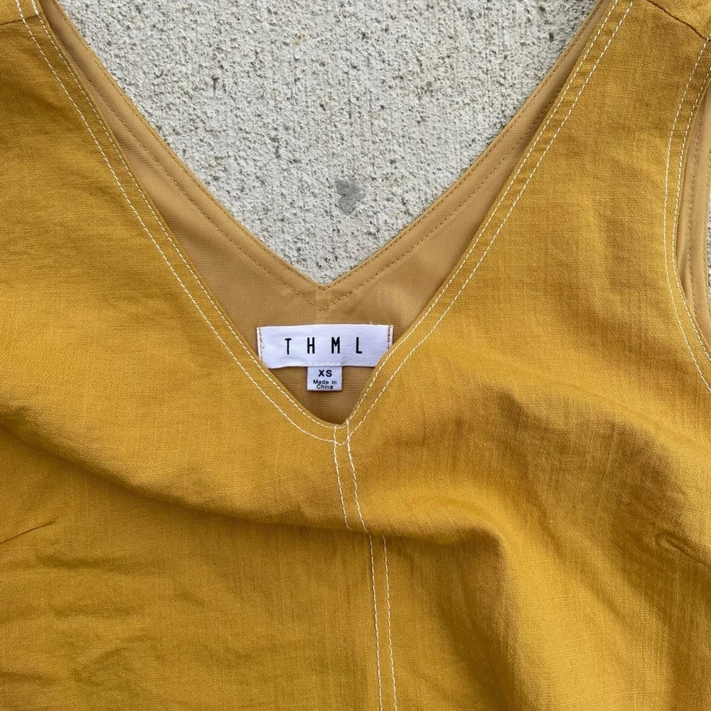 THML boho Mustard Yellow Sleeveless Linen Mini Dress XS V-Neck Lined - Picture 2 of 5